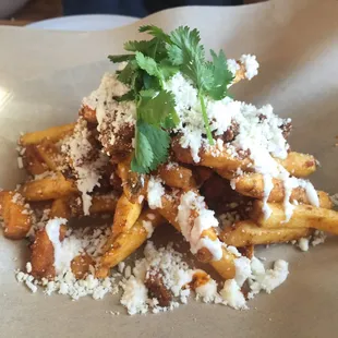 Chorizo fries. Super good! Super greasy!