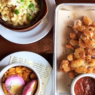 Pickled egg, fried cheese curds, and Mac and cheese