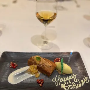 Apple crumble cake, green apple sorbet, petit hot apple cider shooter.