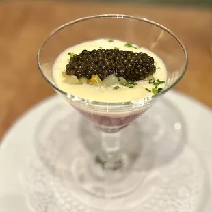 Caviar, Potato and Strawberry appetizer.