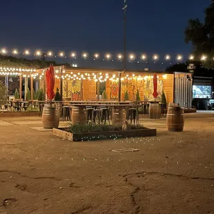 outdoor seating area with string lights