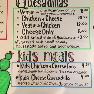 Quesadillas and kids meals