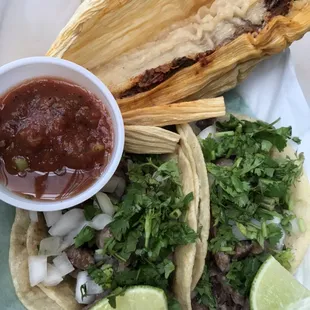 Beef tamale and Mexican style carne tacos 3