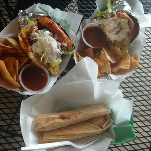 Lunch today! Two sandwiches (breakfast Torta and Pambazo) and two Tamales!