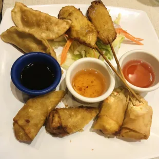 Appetizer sampler (Crispy Spring Rolls, Cheesie Roll, Chicken Sate, Pot Stickers)