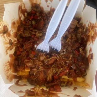 Loaded fries with tri tip and polish dog