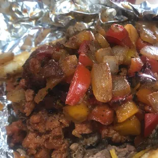 Tri-tip/Hotlink cheese. Bell pepper. Onions and Bbq