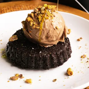 Gluten Free Chocolate Olive Oil Cake. Served with Chocolate Gelato &amp; Pistachios