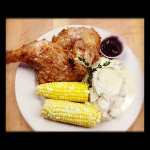 Country fried chicken dinner w red bliss whipped  potato &amp; corn on the cob!