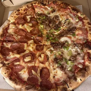 Half: pepperoni and pineapple  Half: sausage, green pepper, and onion