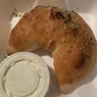 BYO calzone up to 5 items. FYI no sauce inside. I asked for white sauce and they gave me ranch OTS