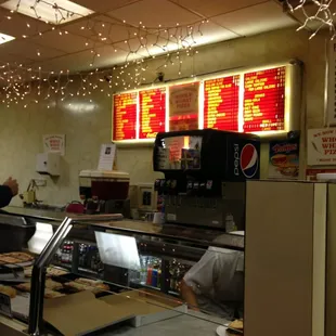 a view of a restaurant counter