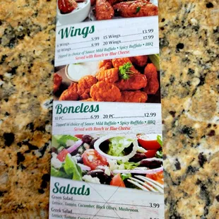 June 2021: Menu P. 5 of 6 (SALADS HAVE BEEN DISCONTINUED.) Wing prices are now higher.