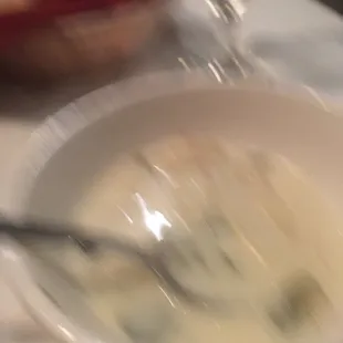 Toscana Soup: cream based with potatoes. Spinach, and Ham.  It is so delicious. Reminds be a bit of Olive Garden's Zuppa Toscana.