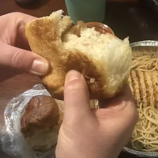 The rolls...I'm pulling quite hard on this and still didn't break the stale bread.