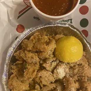 Calamari - tough, chewy and heavily breaded