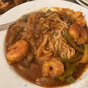 Shrimp Cacciatore boiled noddles, boiled shrimp thrown together with tomato sauce from a can of bland sauce at that.