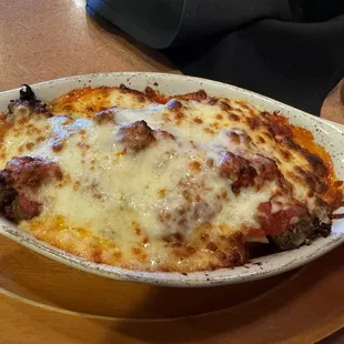 Ziti paste, ground beef, marinara, mozzarella very good also.