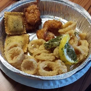 Shrimp, calamari and toasted ravioli