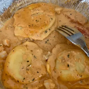 Lobster ravioli. It&apos;s delicious as it looks, I ate one before I took the picture to confirm.
