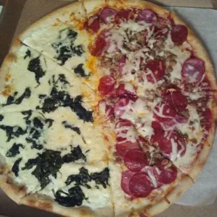 Half spinach alfredo, half meat lovers