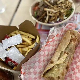 Salad and pita wrap and fries