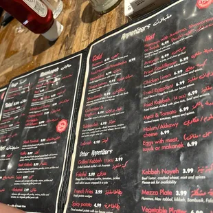 the menu of the restaurant