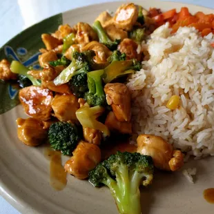 Teriyaki chicken with fried rice and carrots