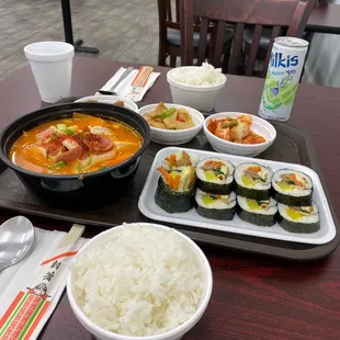 Budae-jjigae (Sausage Stew), Banchan (Variety of side dishes) and Kimbap