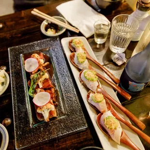 Oink/Pork Belly on left, Hamachi Shots on right