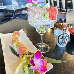 Tempera roll and Sushimi.
