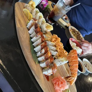 a large platter of sushi
