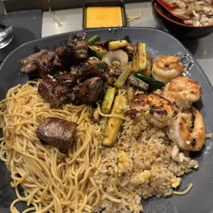Filet Mignon and Shrimp Hibachi with Extra Noodles and Chicken Fried Rice