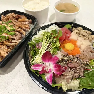 Chicken Teriyaki and Mixed raw fish Don