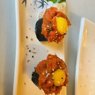 Quail egg sushi
