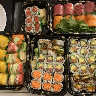 Variety of rolls for takeout (Nara and 76 Pearl rolls are on the bottom left).  It was a feast of rolls!