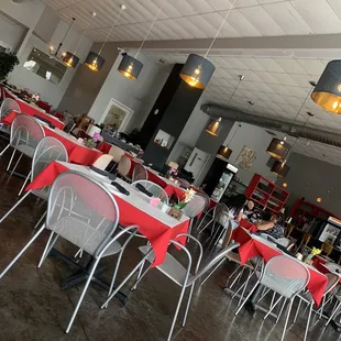 tables with red tablecloths