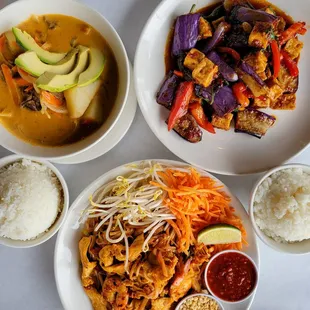 Pad Thai, Massaman Curry, Eggplant Tofu