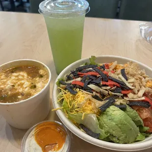 Tortilla soup, Cucumber lemonade and Buffalo salad