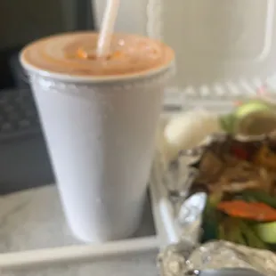 a plate of food and a drink