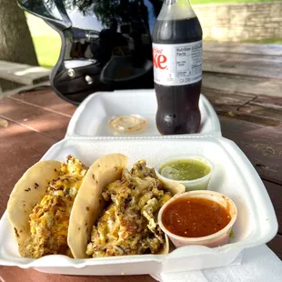 Sausage, egg, cheese taco and chorizo, egg, cheese taco