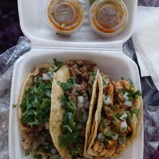 Left to right: carnitas, fajita beef, and chicken