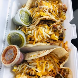 Breakfast tacos: Sausage, egg, cheese Bacon, egg, cheese Chorizo, egg, cheese