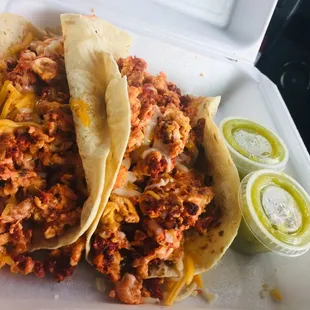 Chorizo, eggs, &amp;  cheese breakfast tacos...so delicious!!