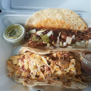 Chorizo, Egg, and cheese taco and Barbocoa taco so yummy hot and fresh and smells delish! Ill be back!!!!