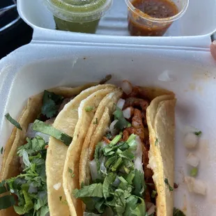 Nice size tacos,  red salsa is hot, green is milder but all tasted excellent