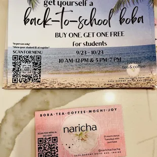 Top: Student special - BOGO until Oct 23  Bottom: QR code &amp; $1 donuts on Tues w/ drink purchase