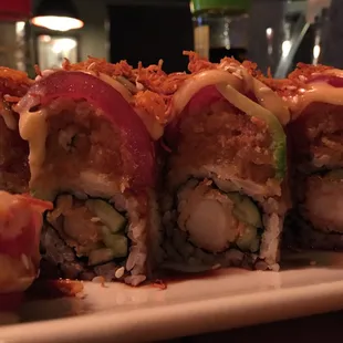 Bali roll - shrimp tempura, cucumber, soft shell crab, tuna, Bali sauce