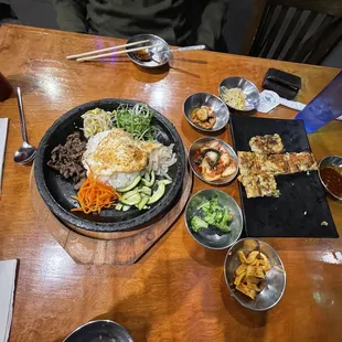 More bibimbap and seafood pancake.