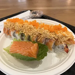 Titanic roll $19.95 (subbed tuna for salmon) &amp; salmon sashimi appetizer $12